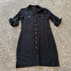 White House Black Market Silk Black Button-Front Midi Shirt Dress